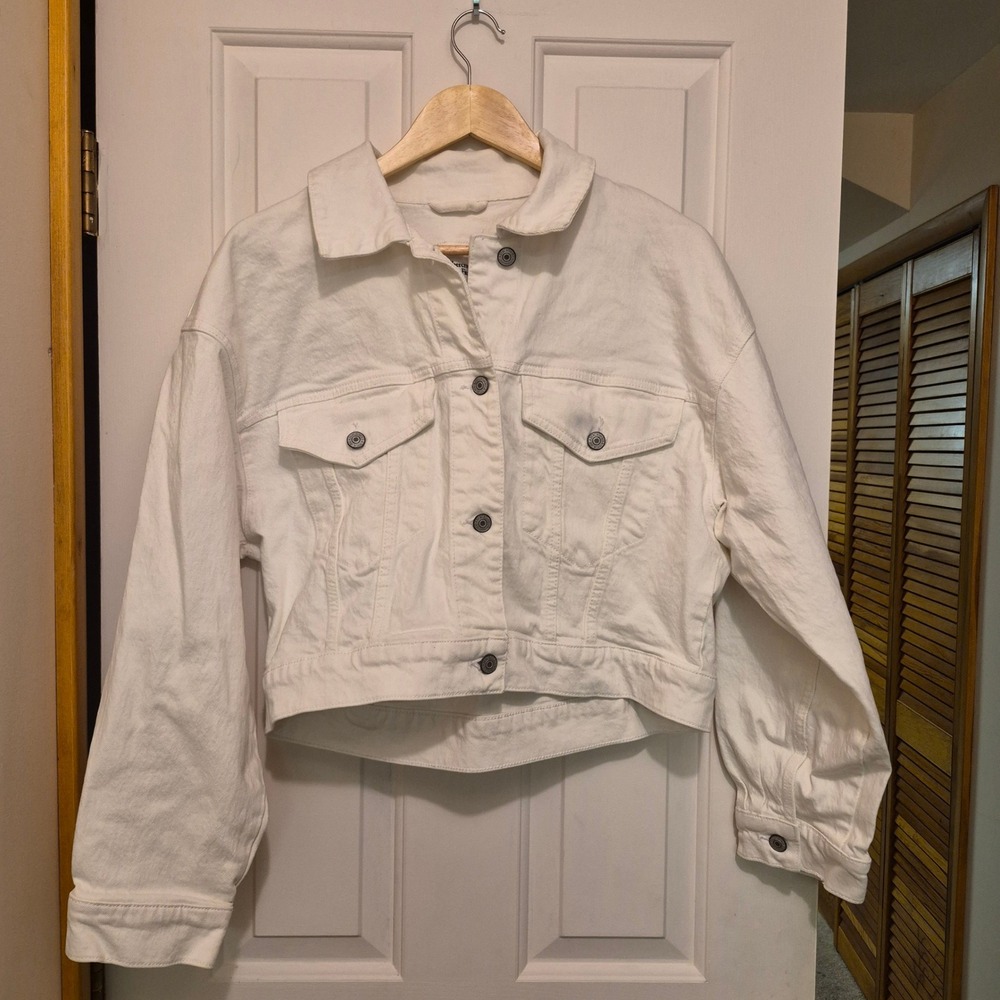 Abercrombie & Fitch Womens White Cropped Denim Jacket Boxy Oversized Medium M